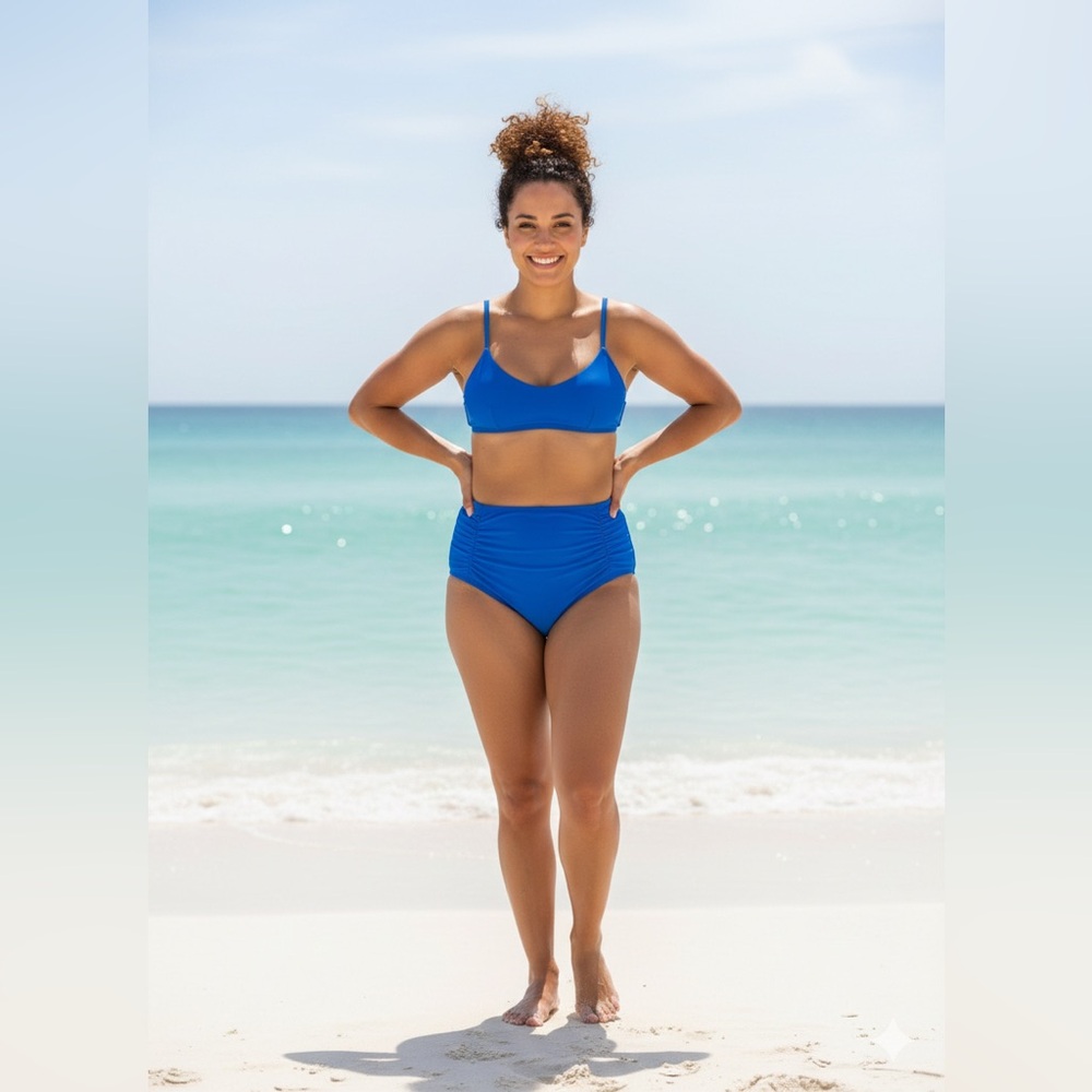 Cupshe Royal Blue High-Waisted Ruched Bikini Bottoms - Size M